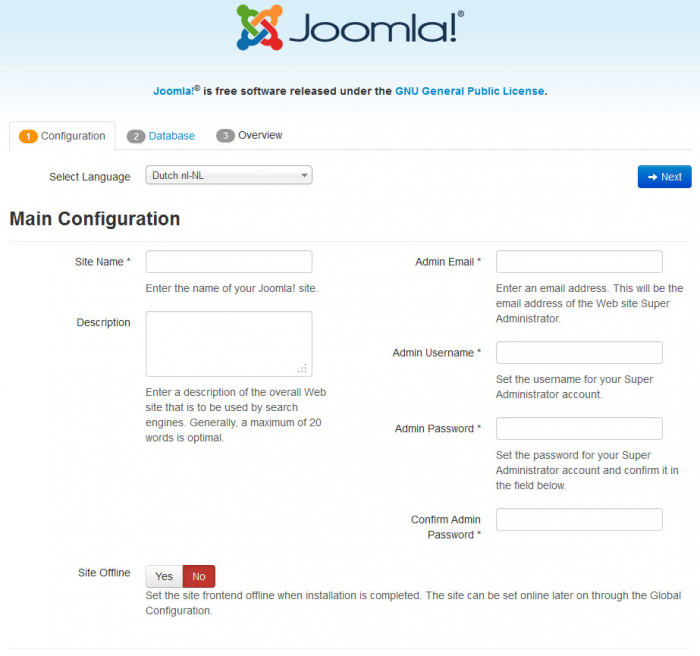 Beginscherm Joomla! installatie