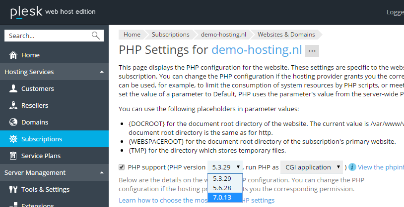 Via Plesk kan je gemakkelijk de PHP versie van jouw website aanpassen